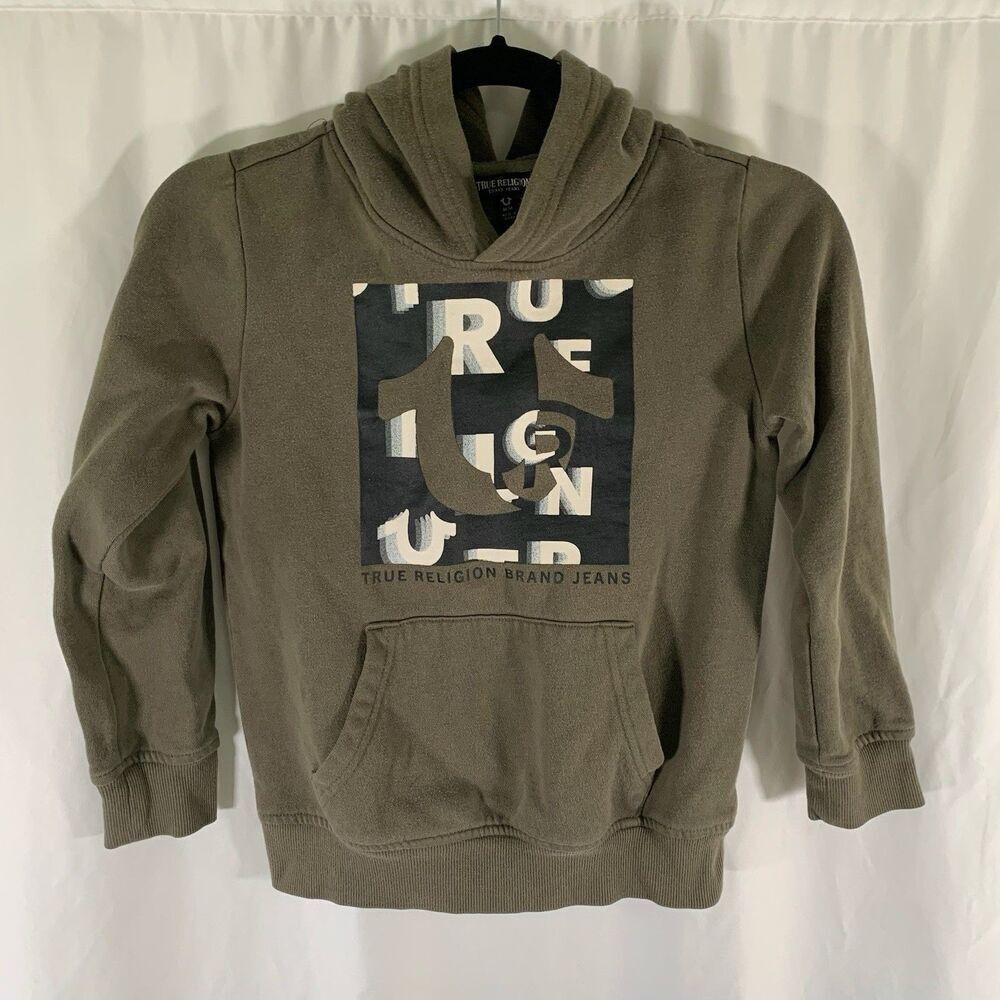 True Religion Hoodie Boys Medium Green Graphic Print Pockets Cotton Blend